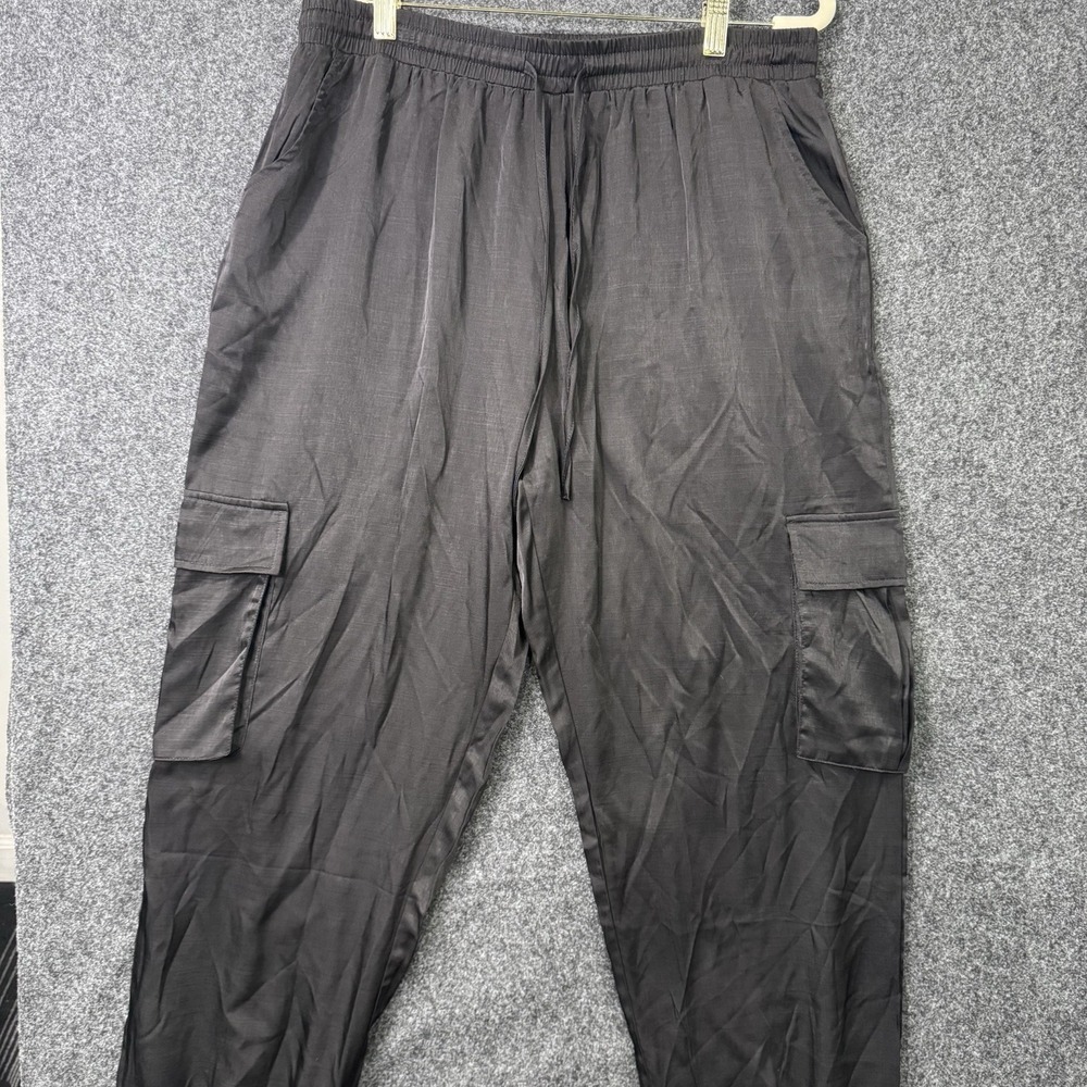 Miss Sparkling Black Satin Cargo Jogger Pants Women's 2XL Elastic Waist NWT